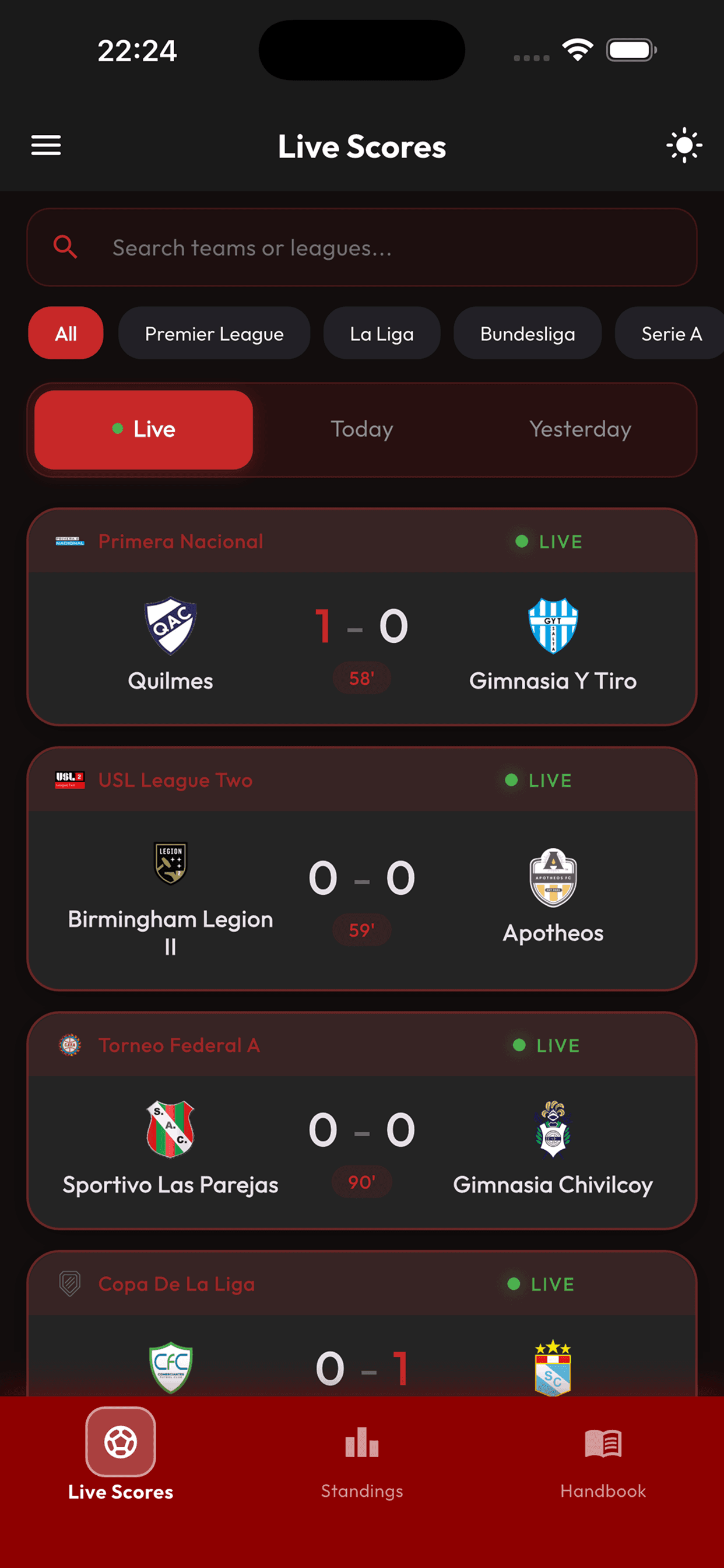 LiveScore live scores screen